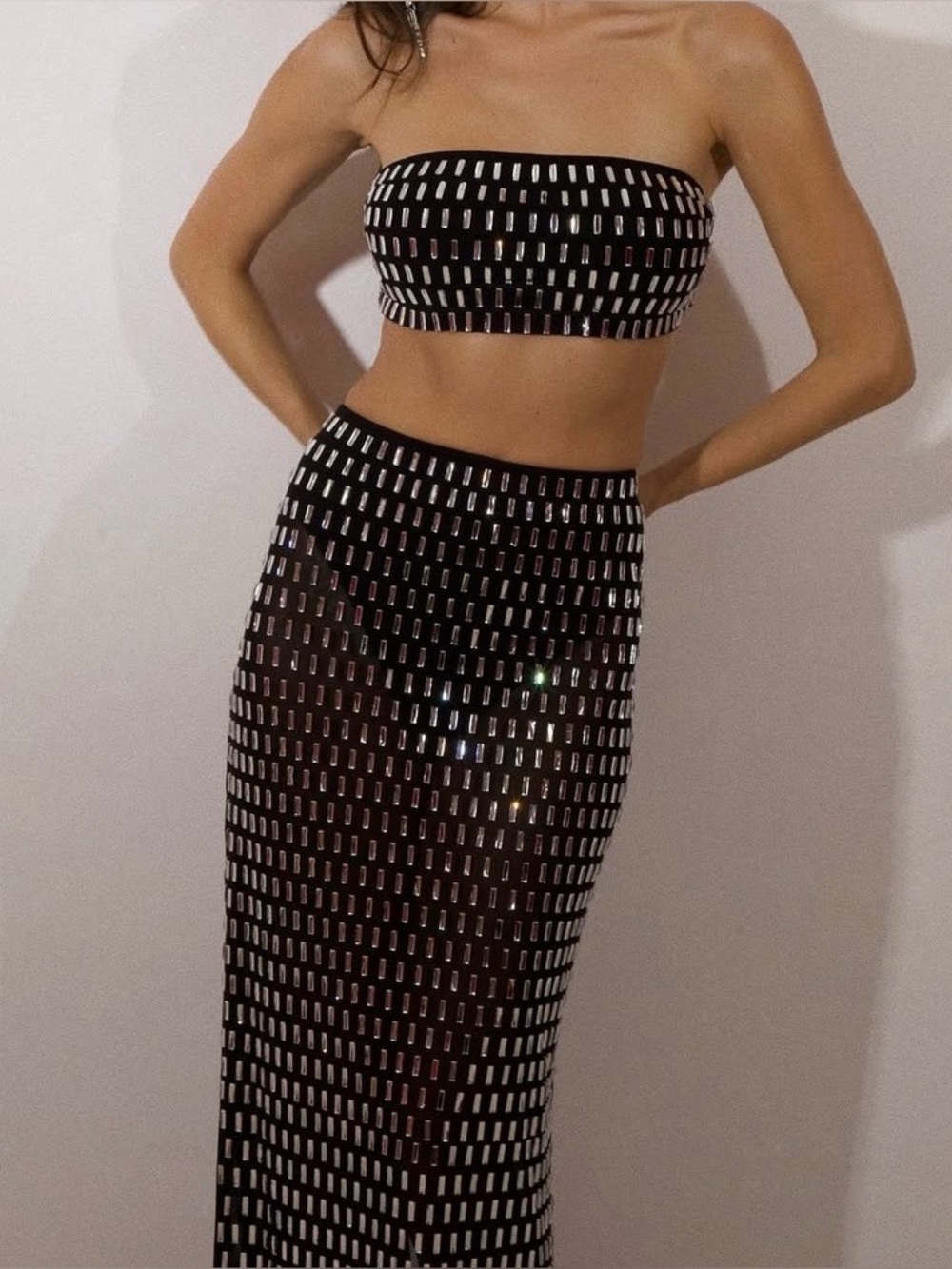 Black Sequined Tube Skirt - Women's Black Sequin Maxi Skirt
